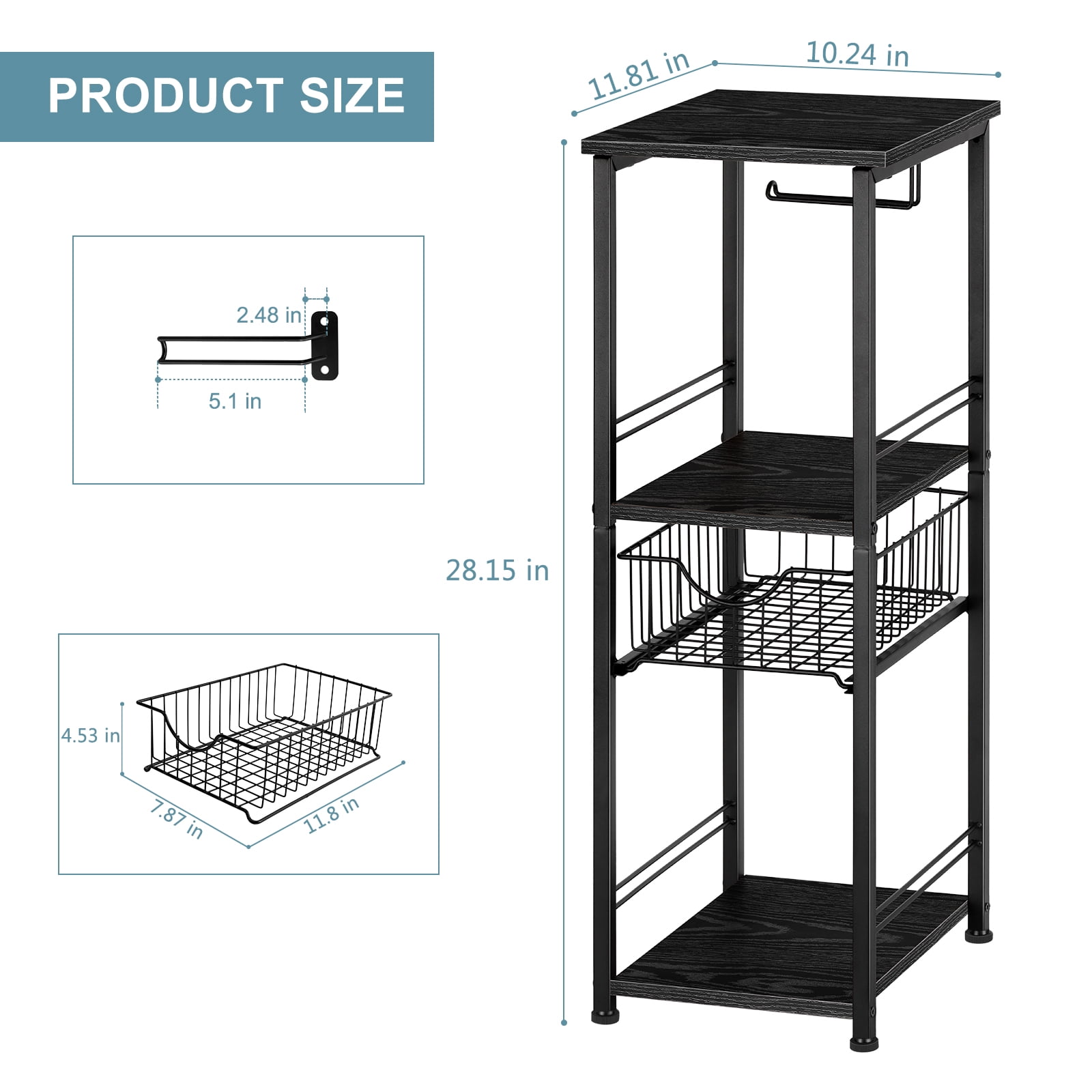 Black Freestanding Bathroom Storage Cabinet with Drawer & Toilet Paper Holder - Narrow Side Shelf for Towel, Toiletries, Laundry Room, Kitchen Pantry