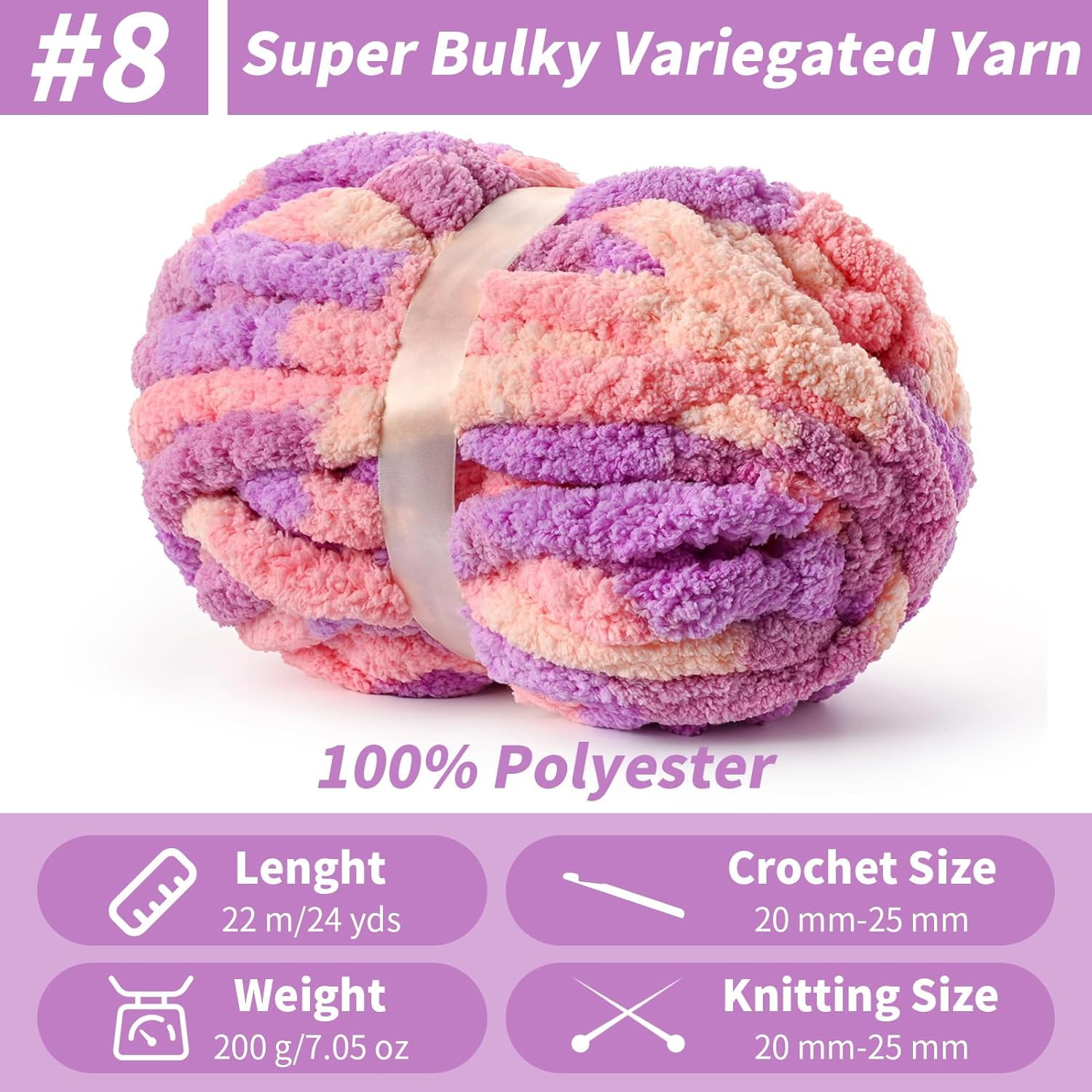 10  Fluffy Chunky Chenille Yarn for Crocheting,  Chunky Blanket Yarn for Hand Knitting, 240yds/70.5oz  Bulky Variegated  Blanket Yarn(Pinkish Purple)