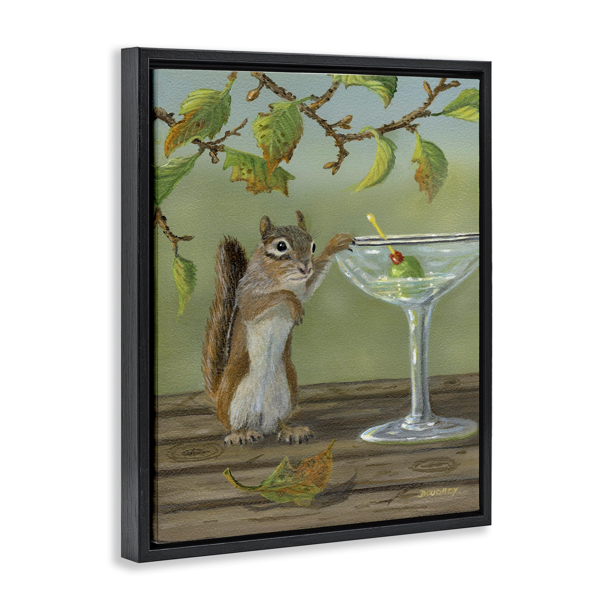 Stupell Industries Happy Hour Chipmunk Food & Beverage Painting Black Floater Framed Canvas Art Print Wall Art, 17 x 21