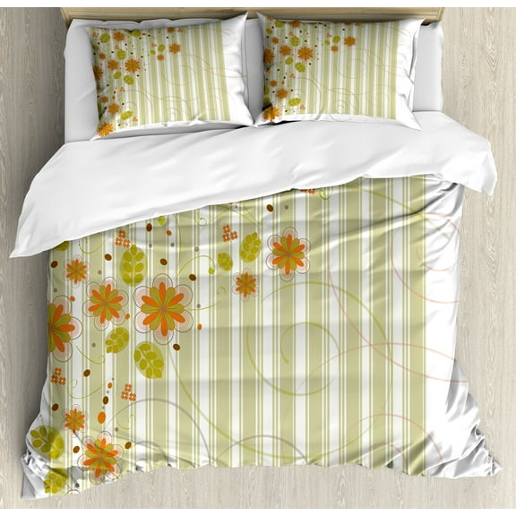 Floral Duvet Cover Set, Retro Flourishing Spring Flowers and Swirled Branches on Striped Background, Decorative 3 Piece Bedding Set with 2 Pillow Shams, King Size, Green Orange White, by Ambesonne