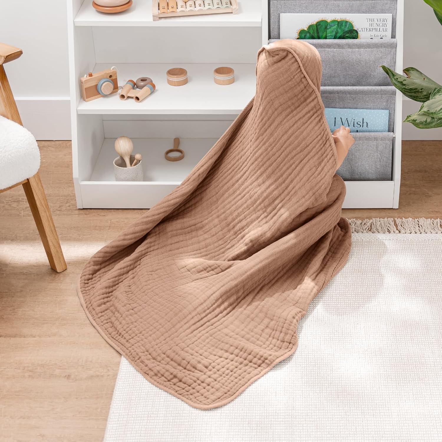 Comfy Cubs Hooded Baby Towels 2-Pack, Large 32" x 32" - 6 Layer, 100% Muslin Cotton, Cedar and Sand