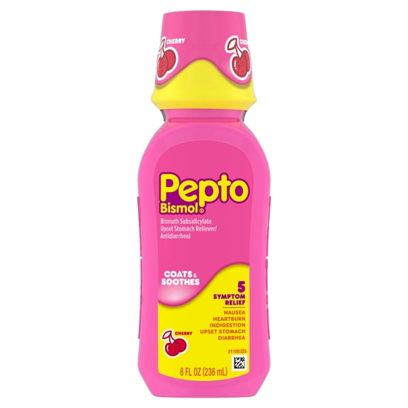 Pepto Bismol Cherry Liquid, Fast 5-Symptom Stomach Relief, Upset Stomach Relief, 8 Oz