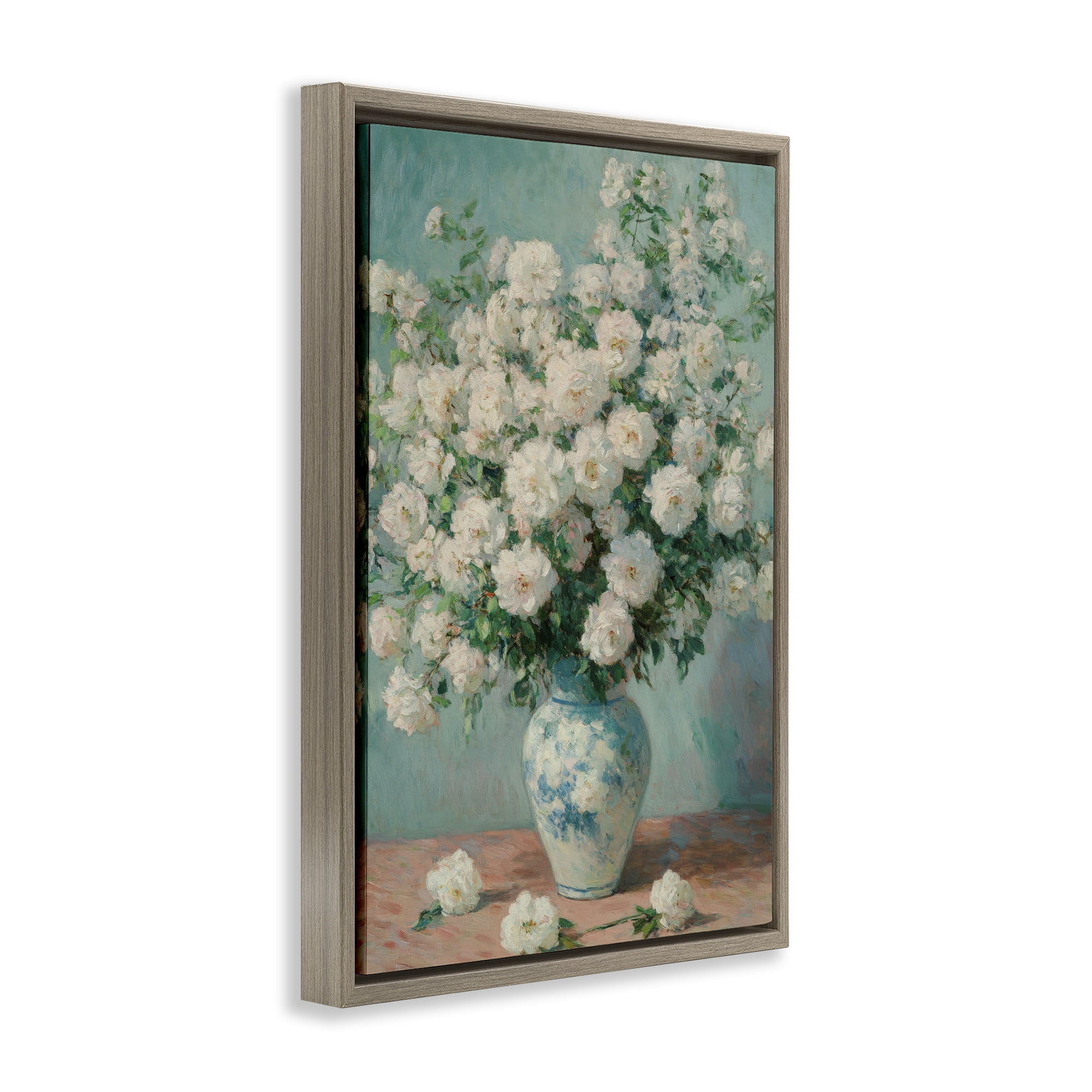 Stupell Industries Lush Bouquet of White Roses Brown Framed Floater Canvas Wall Art, design by Petal Prints Design