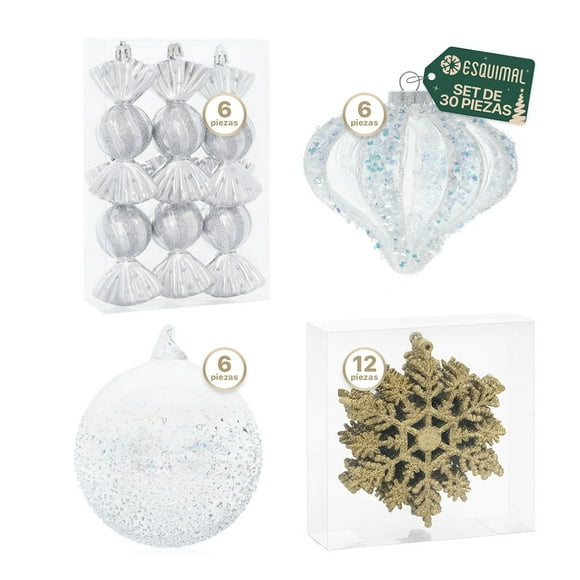Set Esferas y Adornos Navideños para Árbol de Navidad Esquimal, 30 Piezas (Blanco Dorado)