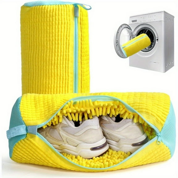 Shoe Washing Bag - Durable Laundry Wash Bag for Sneakers & Casual Shoes - All Shoe Types Protector with Blue Zipper (Yellow) - Machine Wash Safe