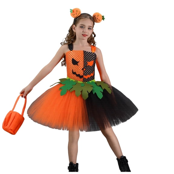 Kogui Three-Piece Kids Pumpkin Print Sundress Halloween Cosplay & Show Performance Costume (Black, 5-6 Years)
