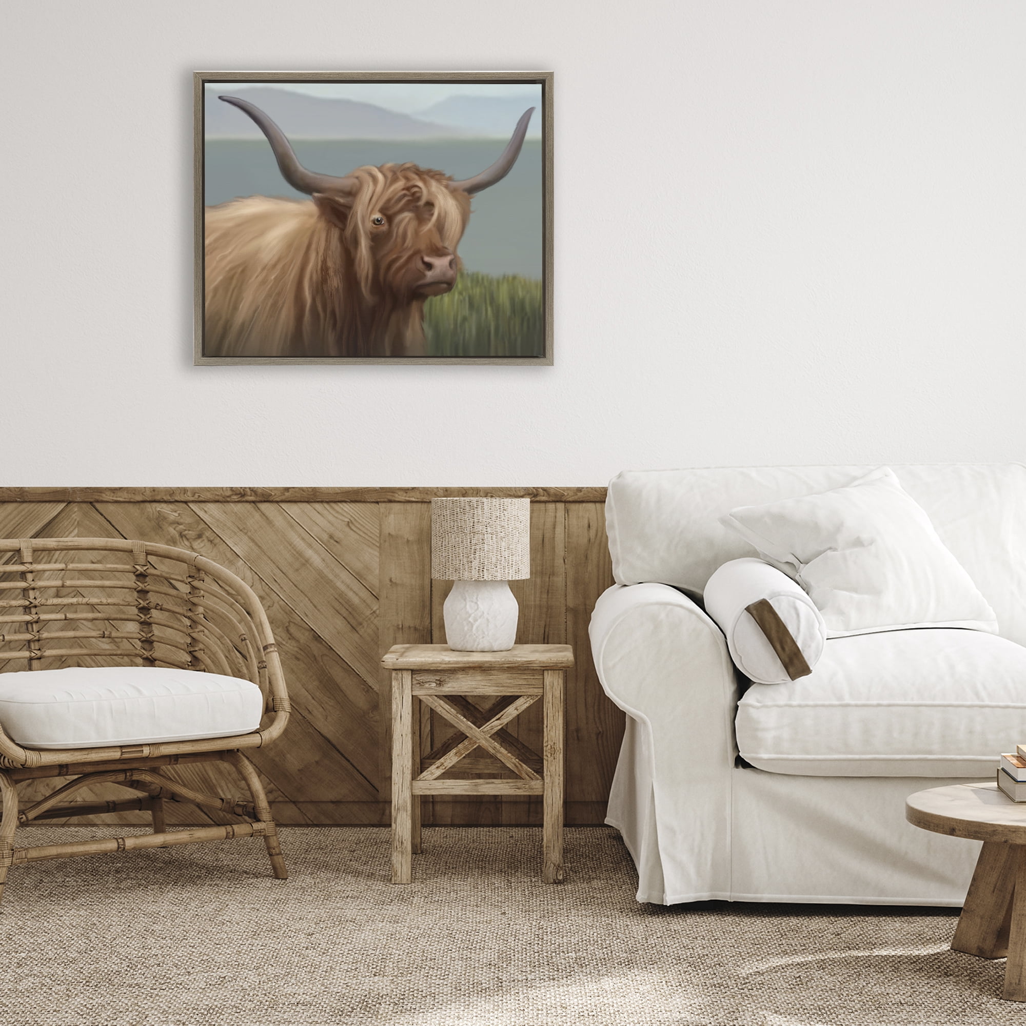 Stupell Industries Scottish Highland Cattle Landscape Brown Framed Floater Canvas Wall Art, design by Matthew Piotrowicz