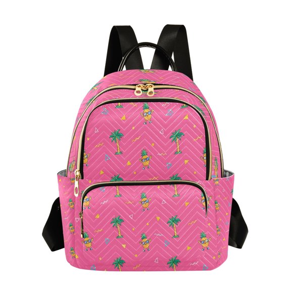 Qxltty Quilted Backpack for Women, Pink Palm Pineapple Travel Daypack with Front Pocket for Casual Daily Use