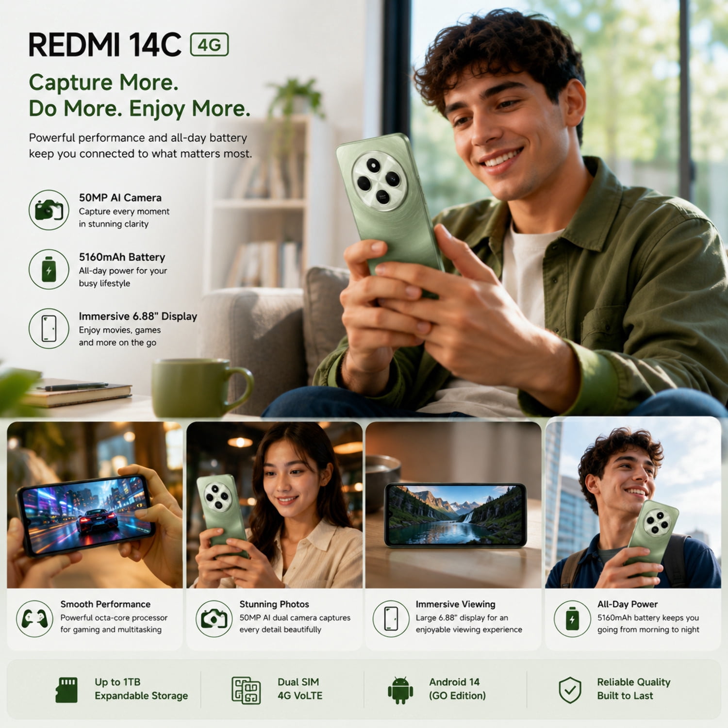 Xiaomi Redmi 14C 4G 128GB ROM 4GB RAM Dual SIM GSM Unlocked - Green