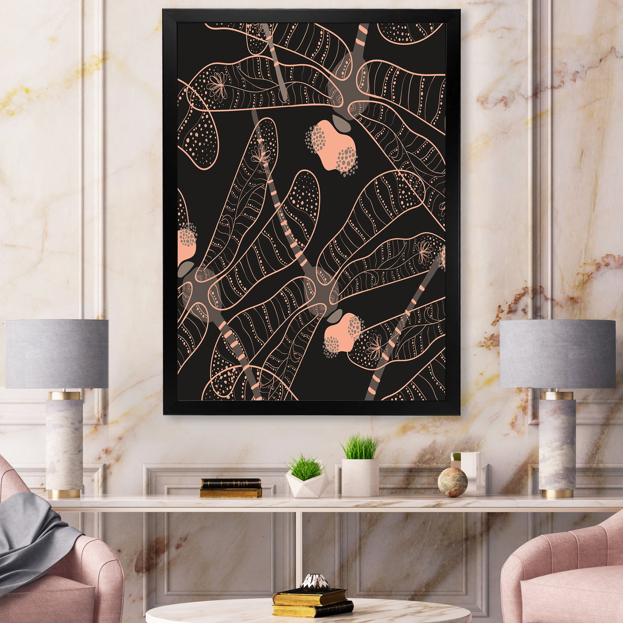 Designart 'Dragonflies With Folk Art Seamless Pattern' Bohemian & Eclectic Framed Art Print