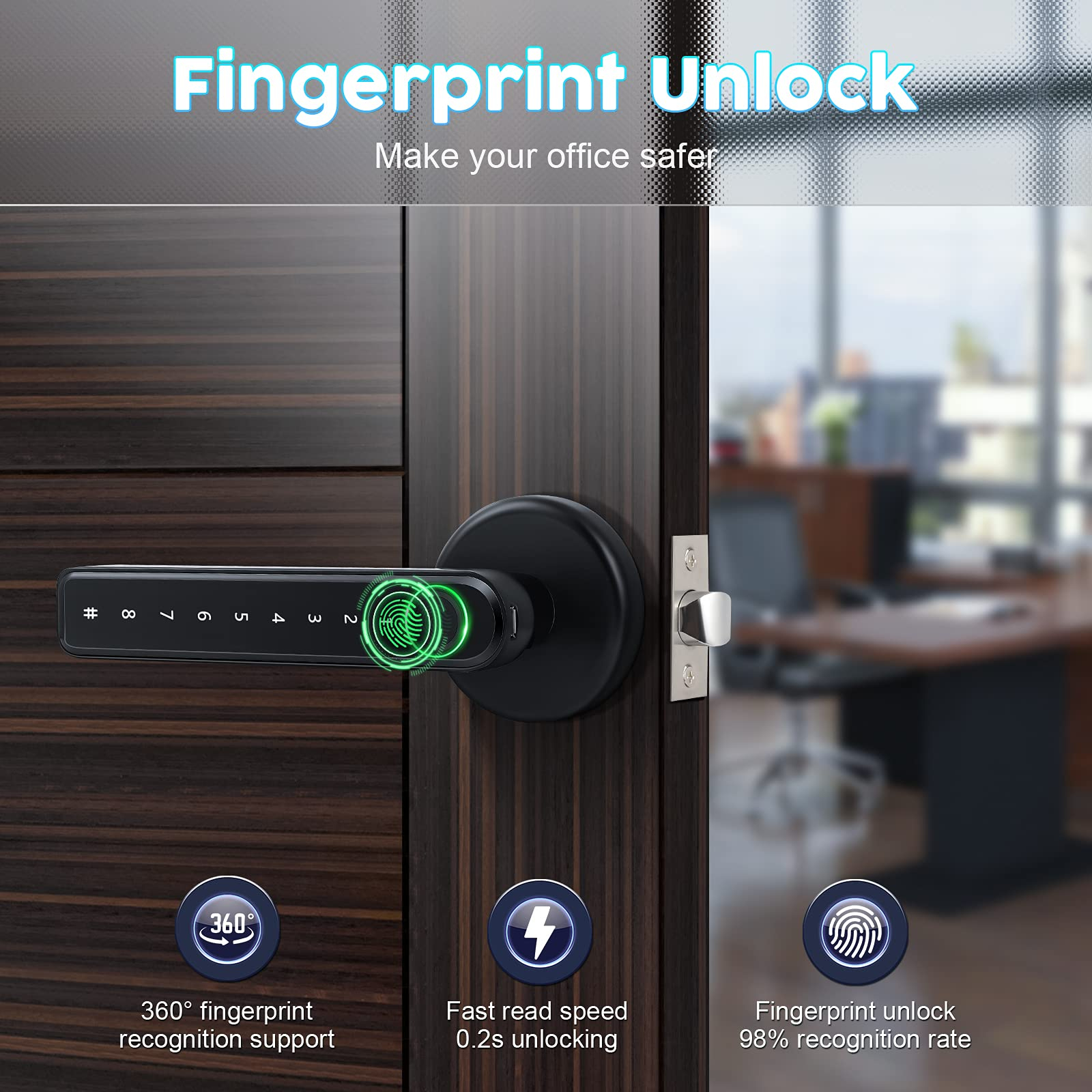 Fingerprint Door Lock Biometric Door Knob Fingerprint Door Knob Keyless  Entry Door Locks with Handle Door Lever for Homes/Apartments/Office/AirBnB/Hotels,Black 