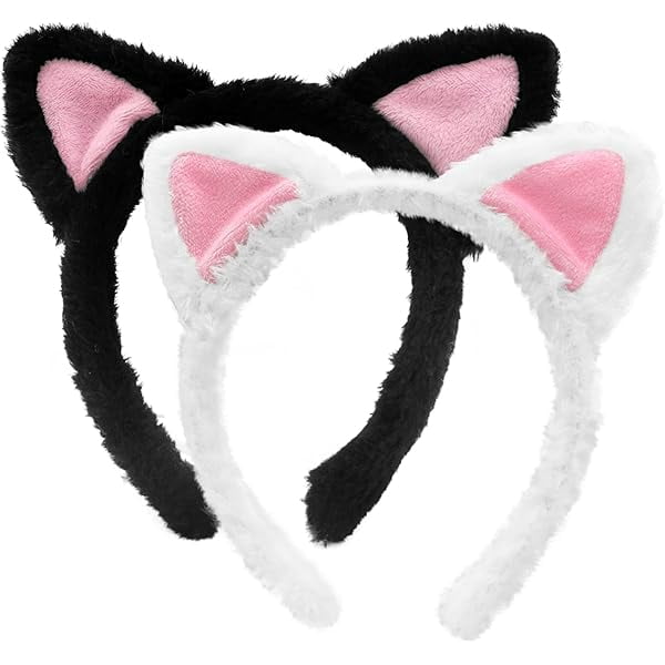wonima11 2-Pack Black and White Cat Ears Headbands with Pink Inner Ears, Fuzzy Plush Hair Accessories for Spa, Skin Care, Makeup, Halloween, Cosplay, and Animal-Themed Parties