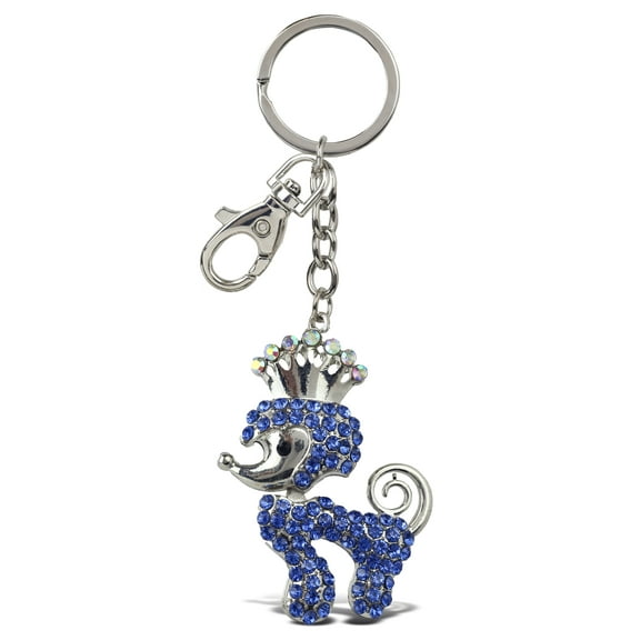 Aqua79 Blue Poodle Queen Dog Keychain - Silver 3D Sparkling Charm Rhinestones Fashionable Stylish Metal Alloy Durable Key Ring Bling Crystal Jewelry Accessory with Clasp for Key Chain, Bag, and Purse