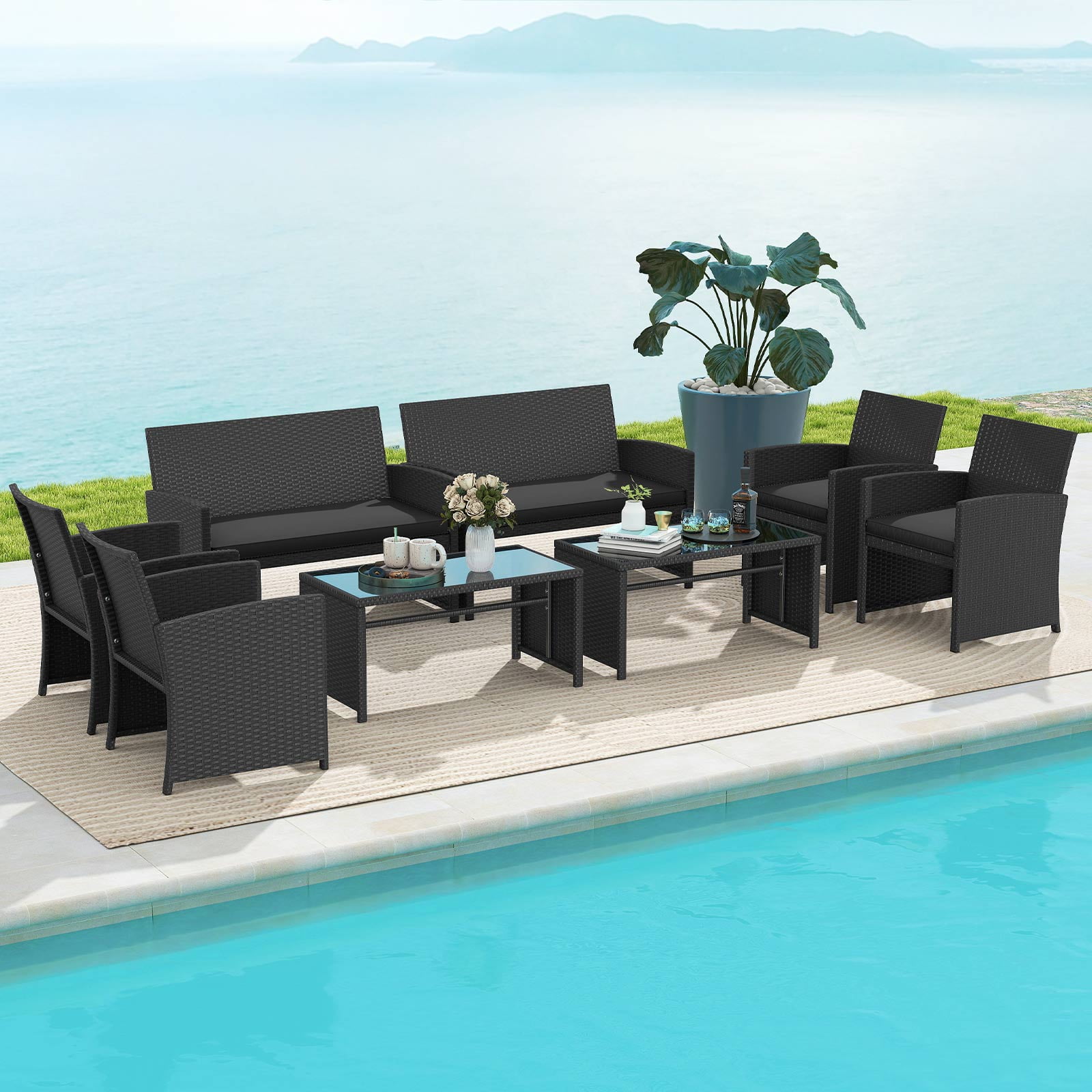 Gymax Set of 8 Patio Conversation Set w/Seat Cushions & Tempered Glass Tabletop Porch Outdoor Black