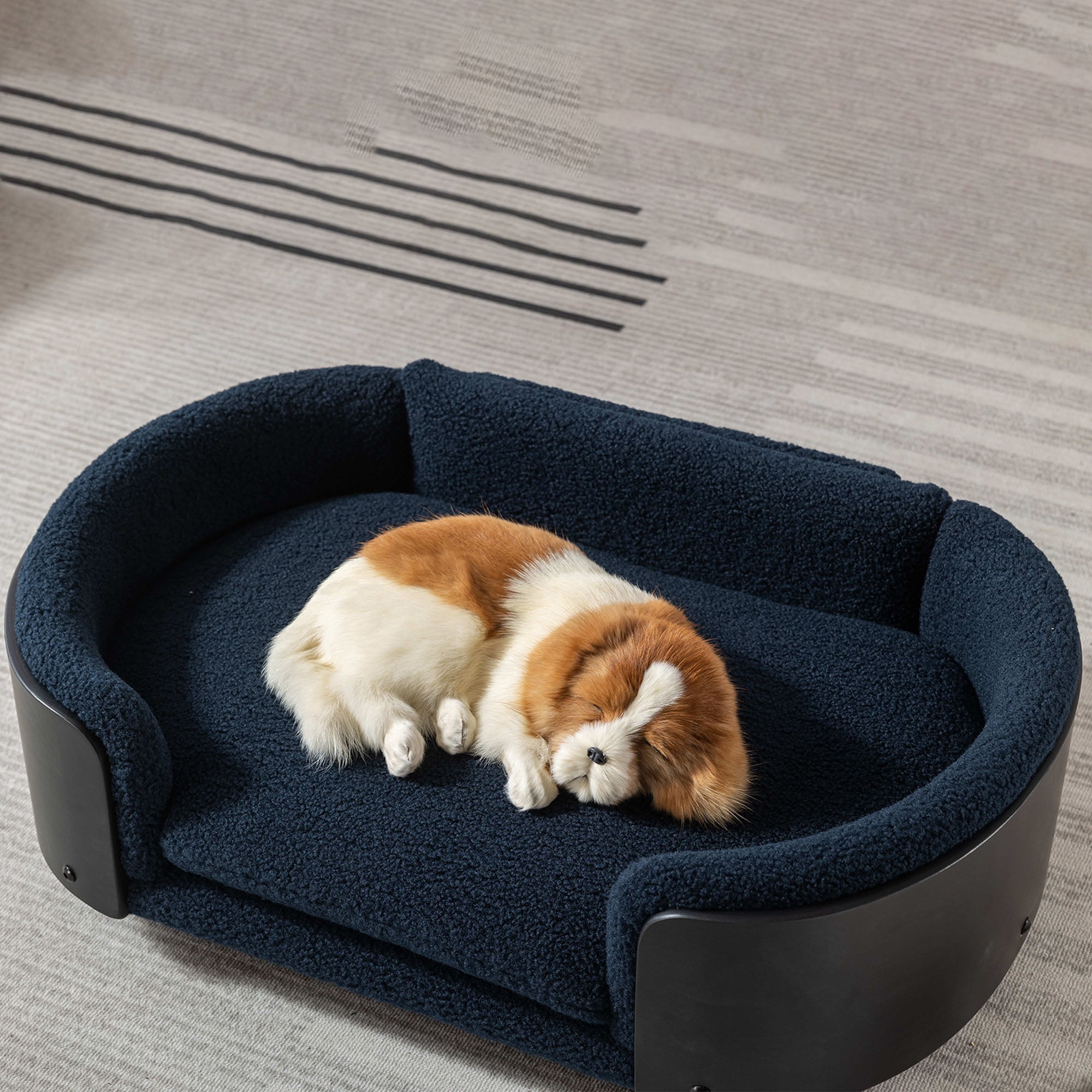 Pefilos 30" Elevated Pet Dog Bed with Solid Wood Legs and Black Bent Wood Back, Cashmere Cushion, Pet Sofa for Indoors Dogs, Dark Blue Pefilos 30" Elevated Pet Dog Bed with Solid Wood Legs and Black Bent Wood Back, Cashmere Cushion, Pet Sofa for Indoors Dogs, Dark Blue