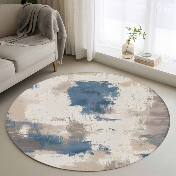 Round Rugs 3.3Ft, Brown Blue Round Area Rug Washable Indoor Throw Carpet, Vintage Abstract Art Modern Soft Non Slip Circle Rug for Laundry Room Patio Home Decor Aesthetic