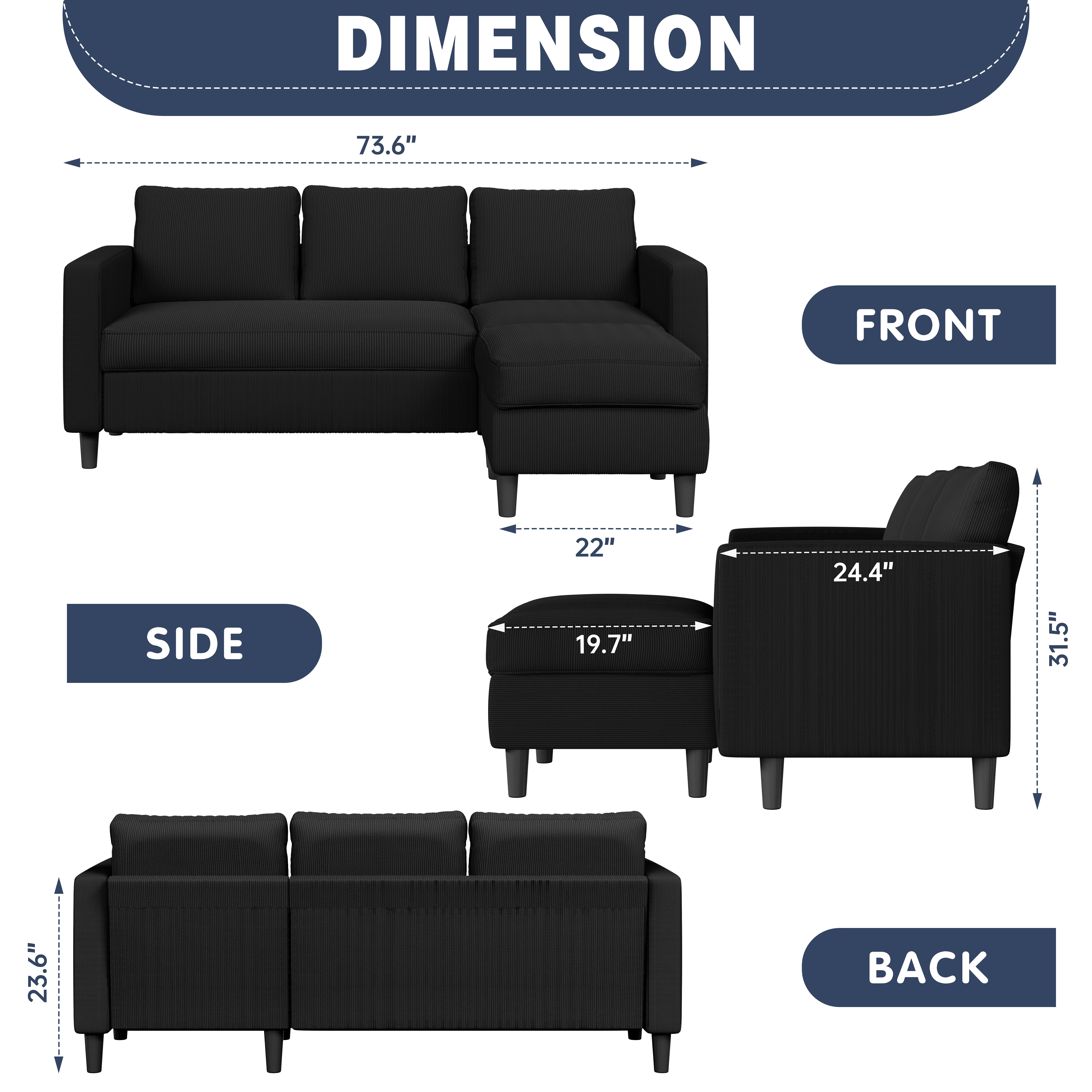 Walsunny 73.6" Convertible Sectional Sofa Couch, L-Shaped 3-Seat Sofa Couch with Reversible Chaise for Small Space,Black