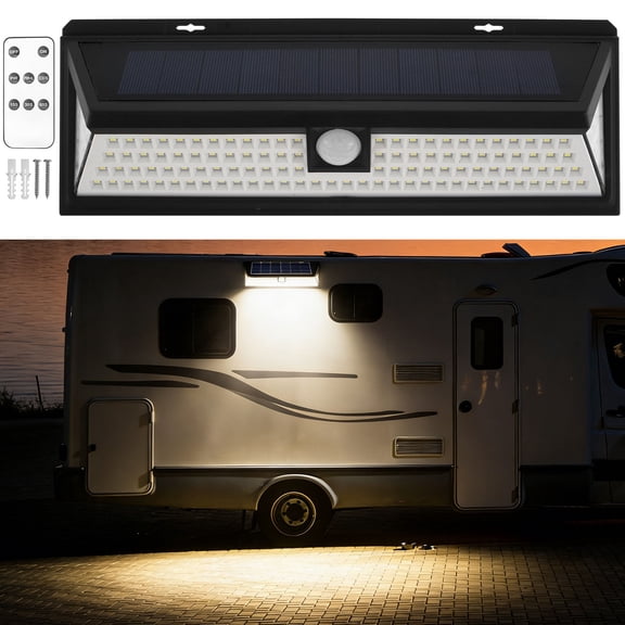 FUYGRCJ Solar RV Porch Light 118 LED RV Motion Sensor Light with Remote Control IP65 Waterproof RV Exterior Lights with 3 Modes 270 ° Wide Angle Camper Outdoor Lights for RV Camper Trailers