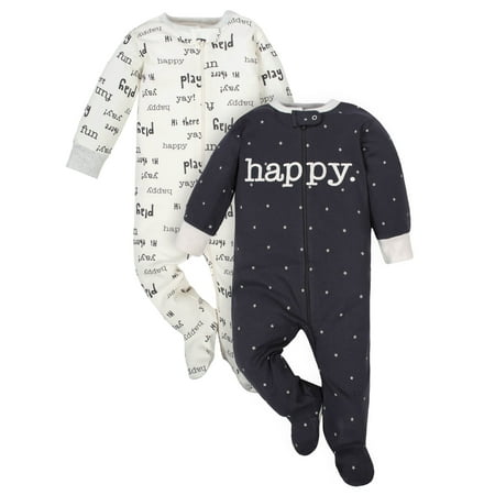 Wonder Nation Baby Boy or Girl Gender Neutral Pajamas Zip Front Sleep 'N Play with Mitten Cuffs, 2-Pack
