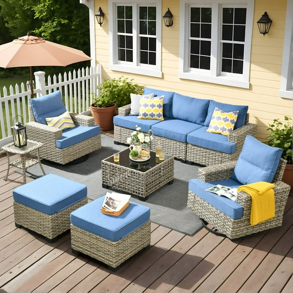 XIZZI 9 Pieces Wicker Outdoor Patio Furniture with Coffee Tables and Swivel Chairs, Modular Sectional Sofa Patio Conversation Set for Backyard, Diamond Blue