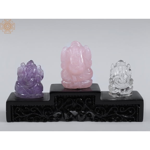 5" Small Gemstone Ganesha Set with Wooden Pedestal