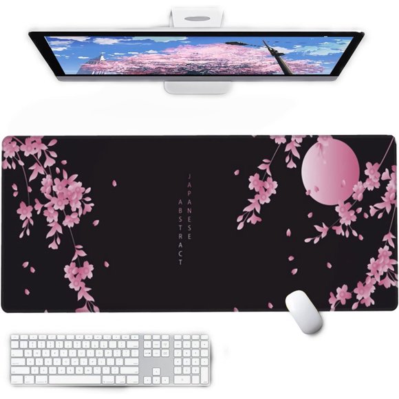 Japanese Gaming Mouse Pad - Cherry Blossom Desk Mat XXL, Extended Large Laptop Computer Mouse Pad, Washable Black Mouse Pad, Desk Pad with Non-Slip Rubber Base for Work Office Home, 31.5in X 11.8inch