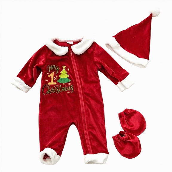 WUANDIXFA Baby Boy Christmas Clothes Velvet Santa Romper Set with Hat & Mittens Long Sleeve Zipper Jumpsuit,Red,1-3 Months