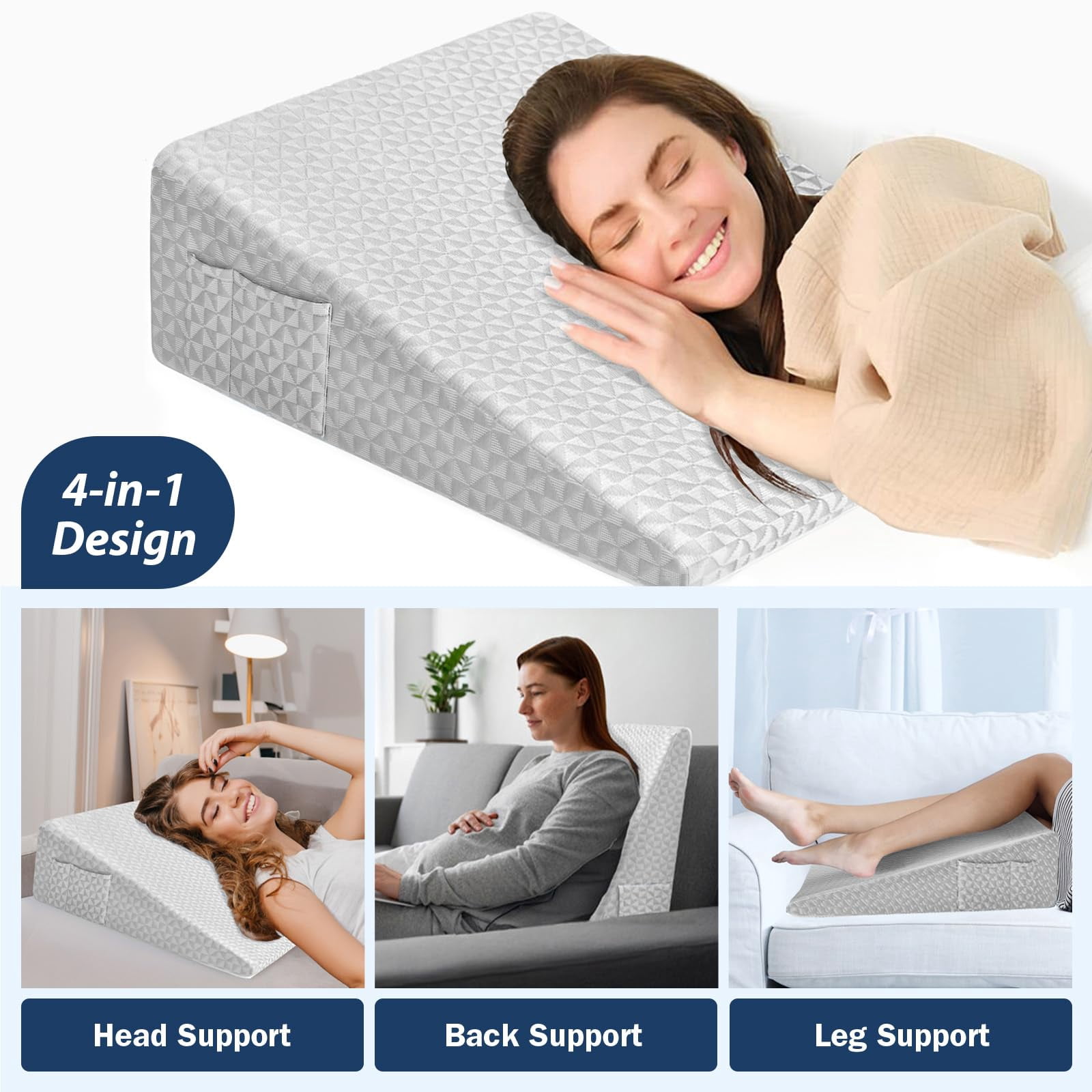 12" Wedge Pillow For Sleeping  Bed After Memory Foam Triangle Incline Support Leg Elevation (light Grey)