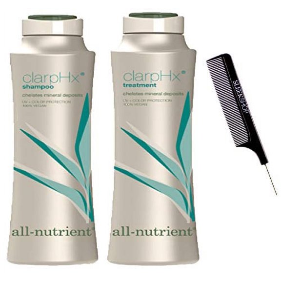 All-Nutrient ClarpHx Shampoo & Conditioner DUO SET, Chelates Hair Mineral Deposits for Pool & Well Water Exposure (w/Comb) Clarifying UV+ Protection, 100% Vegan (25 oz + 25 oz LARGE DUO KIT)