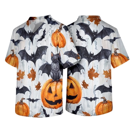 Halloween Scrubs Tops for Men Short Sleeve V Neck Funny Bat Pumpkin Print Shirts Nursing Working Uniform Halloween Stretch Nursing Medical Scrubs Shirts