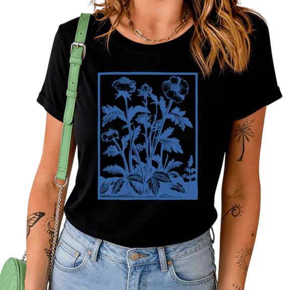 Vintage Botanical Floral Print Tshirt Graphic Tees Shirts Boho Wildflower Nature Inspired Garden Lover Gift Black Tops S-5XL