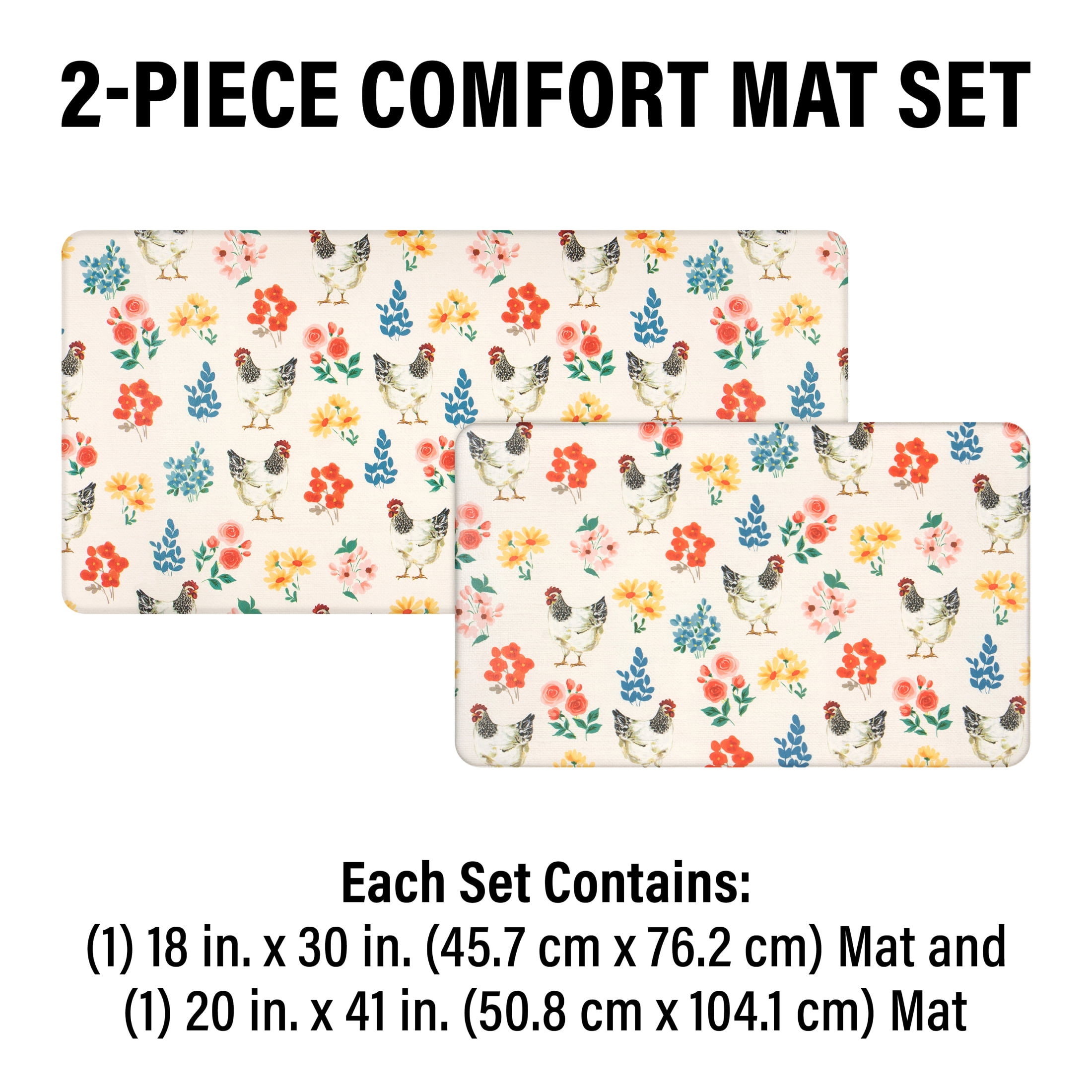 Apache Mills Cushion Comfort Multi-Color Folk Art Chickens Kitchen Anti-Fatigue Mat, 18" x 30" & 20" x 41", 2 pack