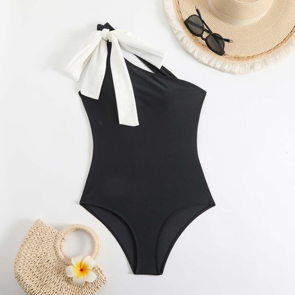 Nuoqisi Women's One Bow Shoulder Bikini Sets One Piece Ruched Swimsuit Elegant Bathing Swimwear Beach 2026