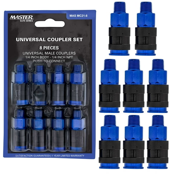 Master Elite Series 8 Piece Universal Air Hose Quick Push Connect Coupler Set with 1/4" NPT Male Threads - Accepts 3 Common Plugs Types, I/M Industrial, T Auto, A ARO - Compressor, Air Tools