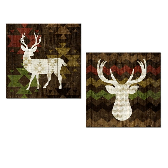 Rustic Geometric Forest Elk and Deer Silhouette Set by Michael Mullan; Cabin Lodge Decor; Two 12x12in Unframed Paper Posters (Printed on Paper, Not Wood)