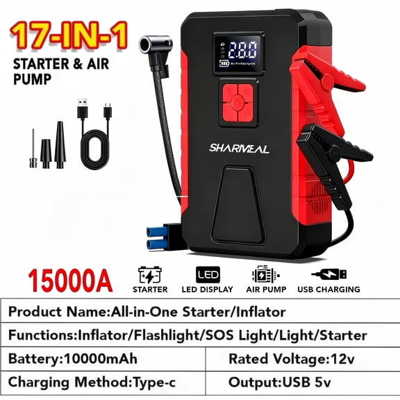 15000A-21000A Peak 350PSI 12V 17-in-1 Portable Jump Starter with Air Compressor, Car Battery Charger, LED Light, Essential Car Accessory Tool