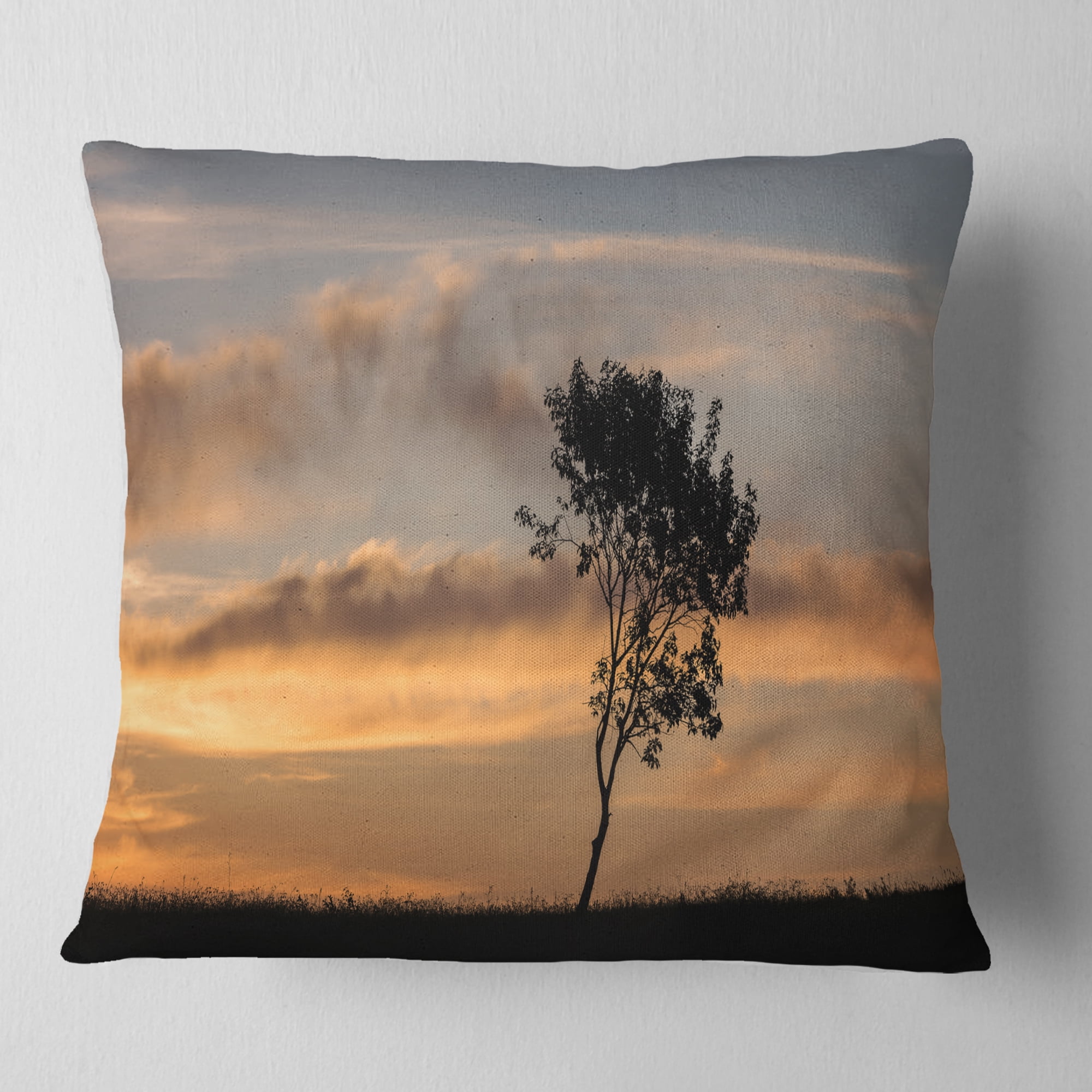 Designart Lonely Tree Silhouette Rightwards - Landscape Printed Throw Pillow - 16x16