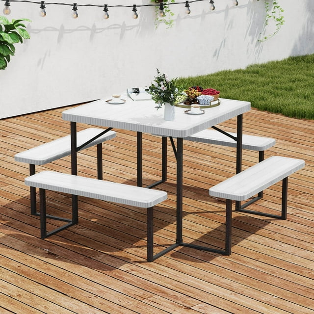 Costway Picnic Table Bench Set for 4-8 People with Umbrella Hole All-Weather HDPE Tabletop White