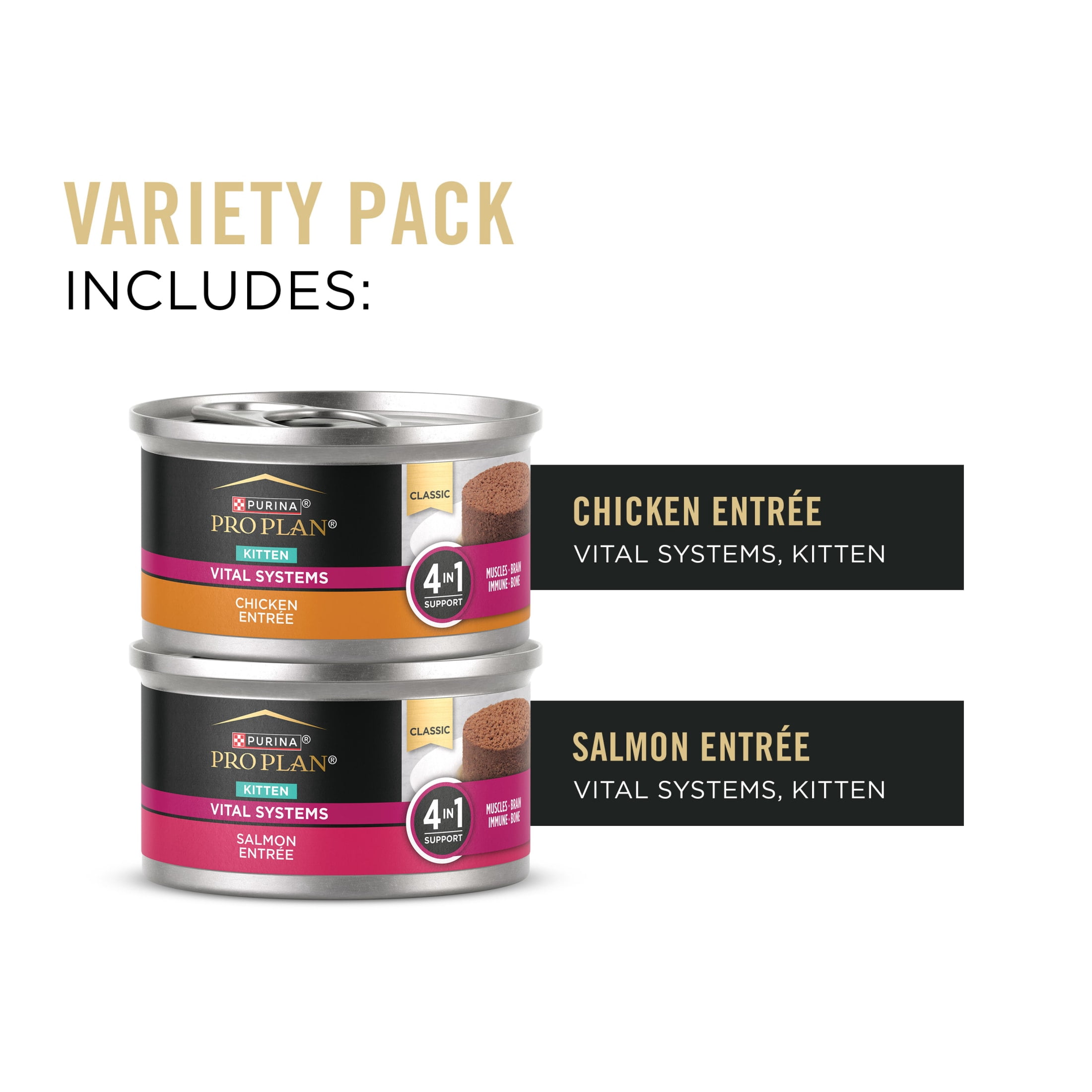 Purina Pro Plan Vital Systems Chicken and Salmon Entree Wet Kitten Food Variety Pack 4-in-1 Muscles, Brain, Immune and Bone, 3 oz Cans (24 Pack)
