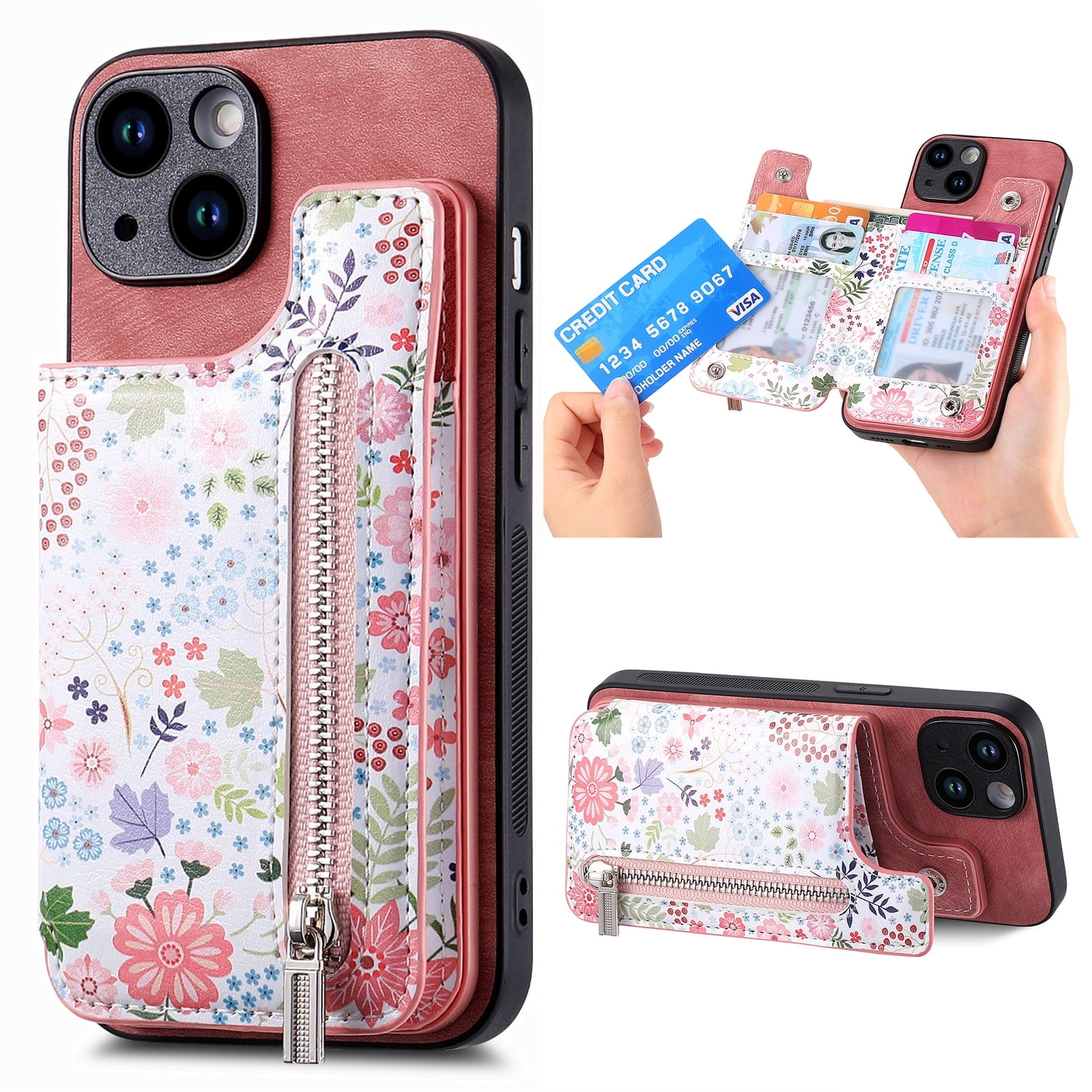 Feishell Zipper Wallet Case for iPhone 12 with Card Holder, Floral Flower Pattern PU Leather Phone Case for Women Girls, RFID Blocking & Kickstand Shockproof Protection Cover, Pink