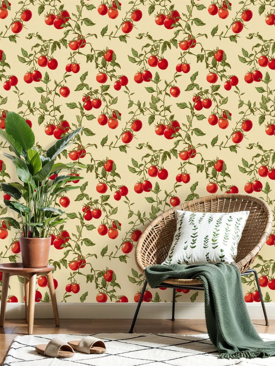 Peel and Stick Wallpaper Vintage Tomato Vine Red Tomatoes Cream floral Wall Mural 23.6in x 9.8ft Self Adhesive Removable Wall Paper Renter Friendly Wallpaper for Bedroom Kitchen Bathroom