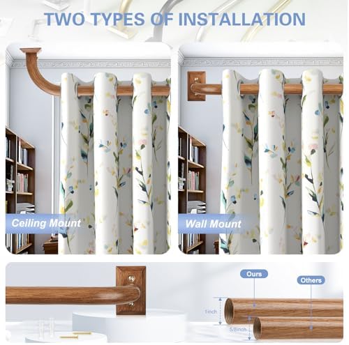 Boho Wrap Around Curtain Rod for Windows 48 to 90 Inch:Heavy Duty Blackout Curtain Rods Room Darkening,1"Wood Wraparound Curtains Rod Curved Black Out Adjustable for Bedroom Kitchen（All Matel）