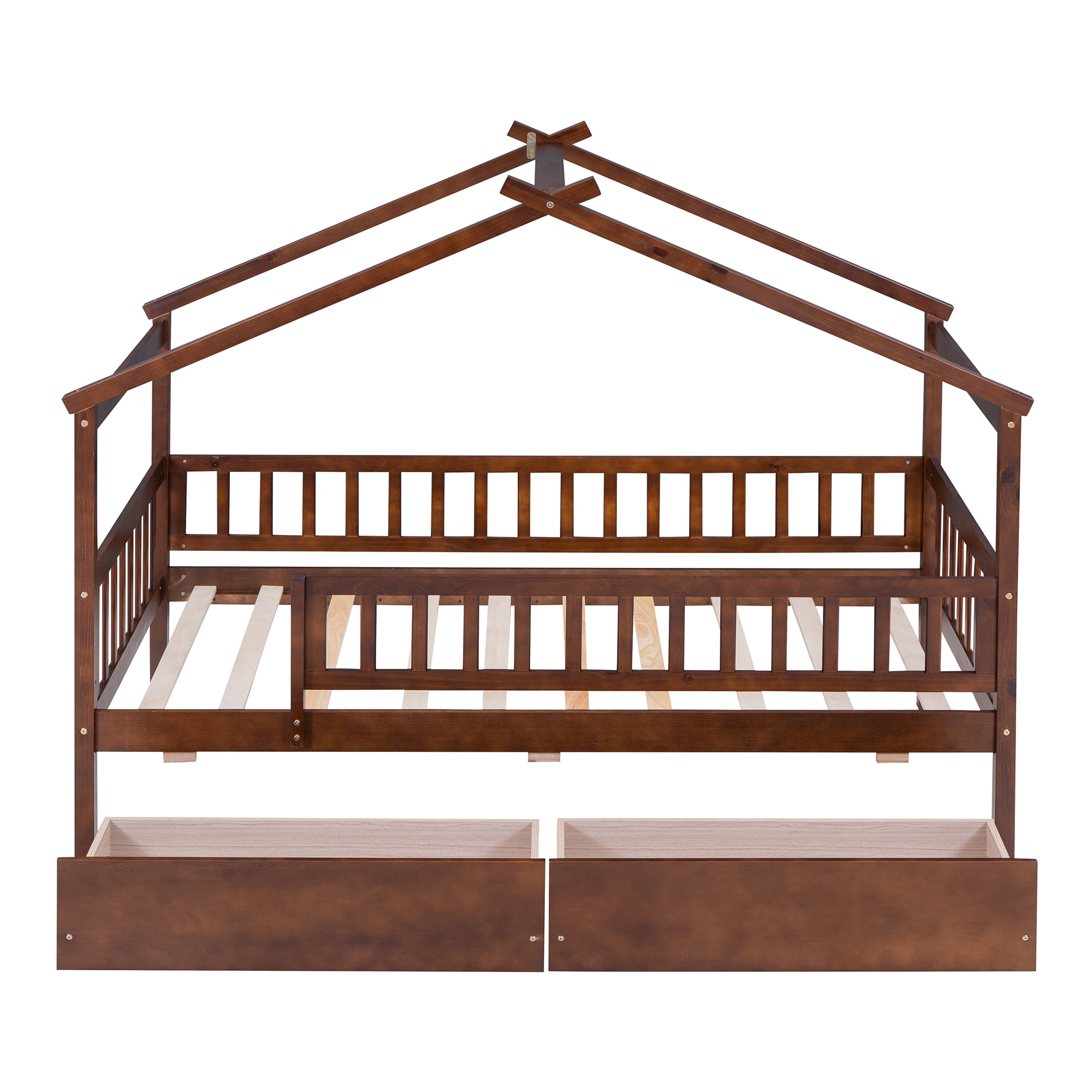 Aukfa Twin Size House Bed with Storage Drawers and Safety Guardrails for Kids, Wooden Montessori Bed Frame for Boys and Girls, Walnut