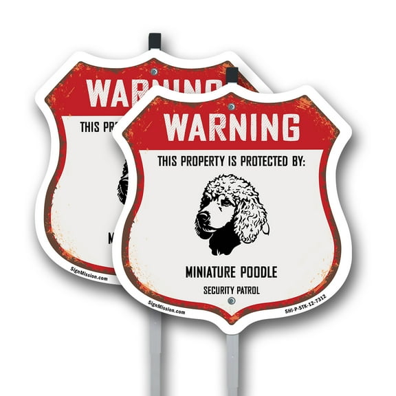 Warning This Property is Protected by Miniature Poodle (2 Pack) 12 inch X 12 inch Shield Shaped Commercial Grade Plastic Signs with Aluminum Mounting Stakes Weather Resistant Made in