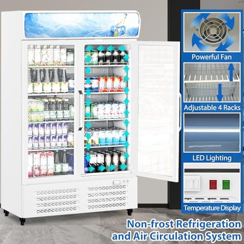 2025 New Commercial Refrigerators Display Fridge 26 Cu.ft, Beverage Refrigerator and Cooler with Adjustable Removable Shelves and LED Light for Home, Store, Gym, Bar or Office, Double Swing Door