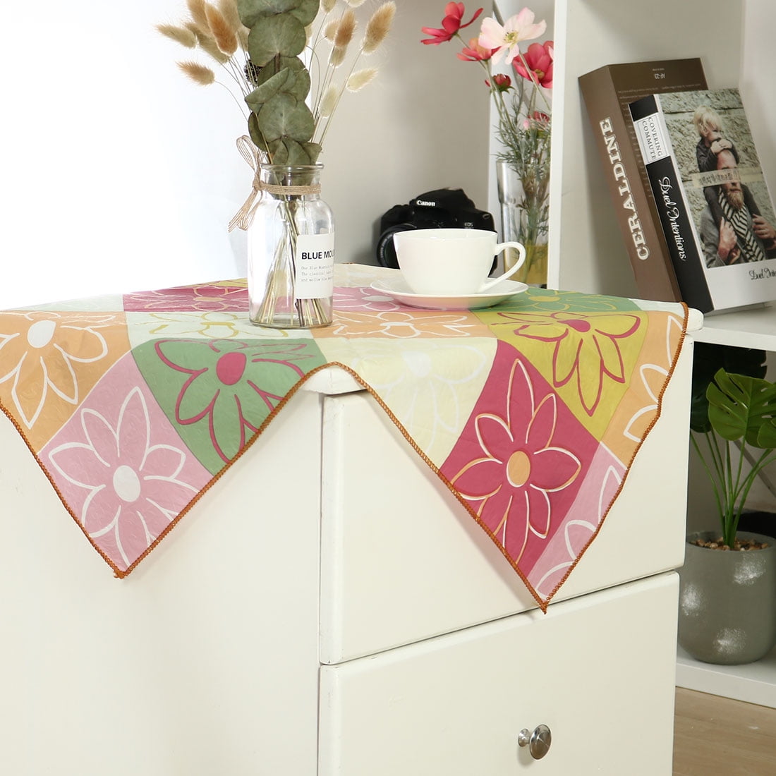 Vinyl Plastic Square Tablecloth 24" x 24" Plaid Flower Pattern