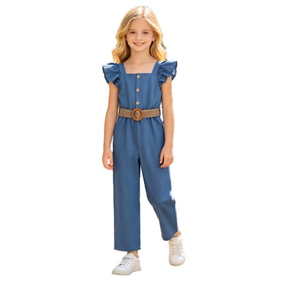 Mikrdoo Kid Girl Summer Ruffle Sleeveless Romper Solid Color Button Imitation Denim Design Casual Jumpsuit Sizes 7-14