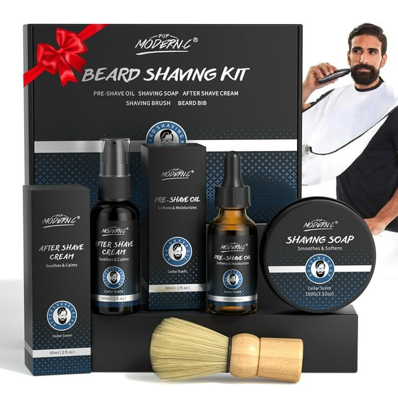 Kit de afeitado de 5 piezas para hombres Set de regalo Incluye jabón de afeitar Mantequilla Babero para barba Delantal Aceite pre afeitado Loción para después del afeitado Crema Brochas de afeitar Afe