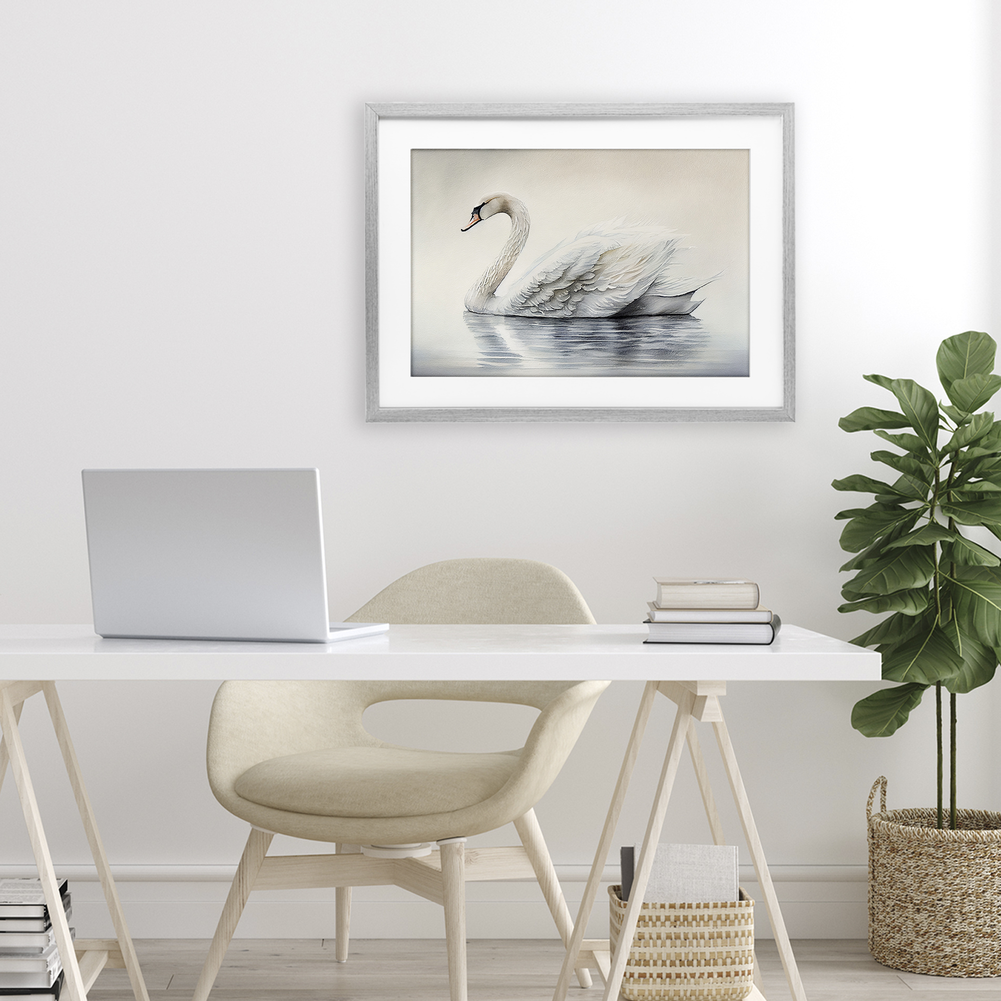 Elegant Floating Swan Gray Framed Print Under Glass, design by Sasha