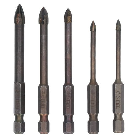 

Drill Bit Set Unique Cross Design Cemented Carbide Hex Power Bits for Glass Ceramic Glass Tile Full Tile Brick Wall Wood 5 Piece Set